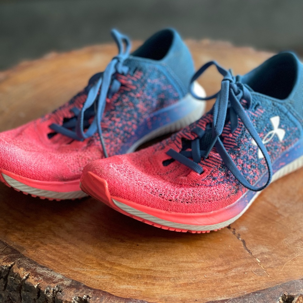 Under Armour Women's Coral Pink and Navy Knit Running Sneakers